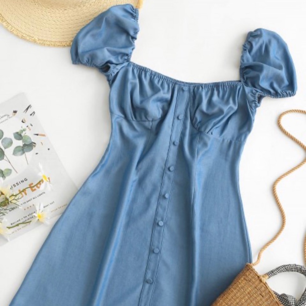 Denim jean milkmaid puff sleeve bustier dress